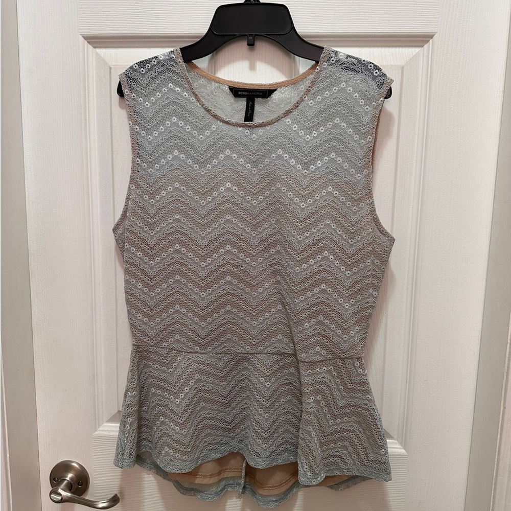 BCBGMaxazria Nude and Blue Peplum Blouse Size M